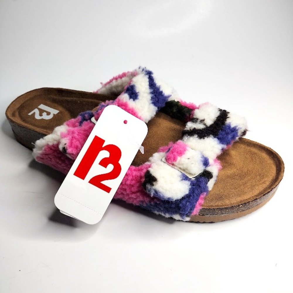 NEW R2 Bernette Colorful Multi Camo Sherpa Memory Foam Buckle Sandals